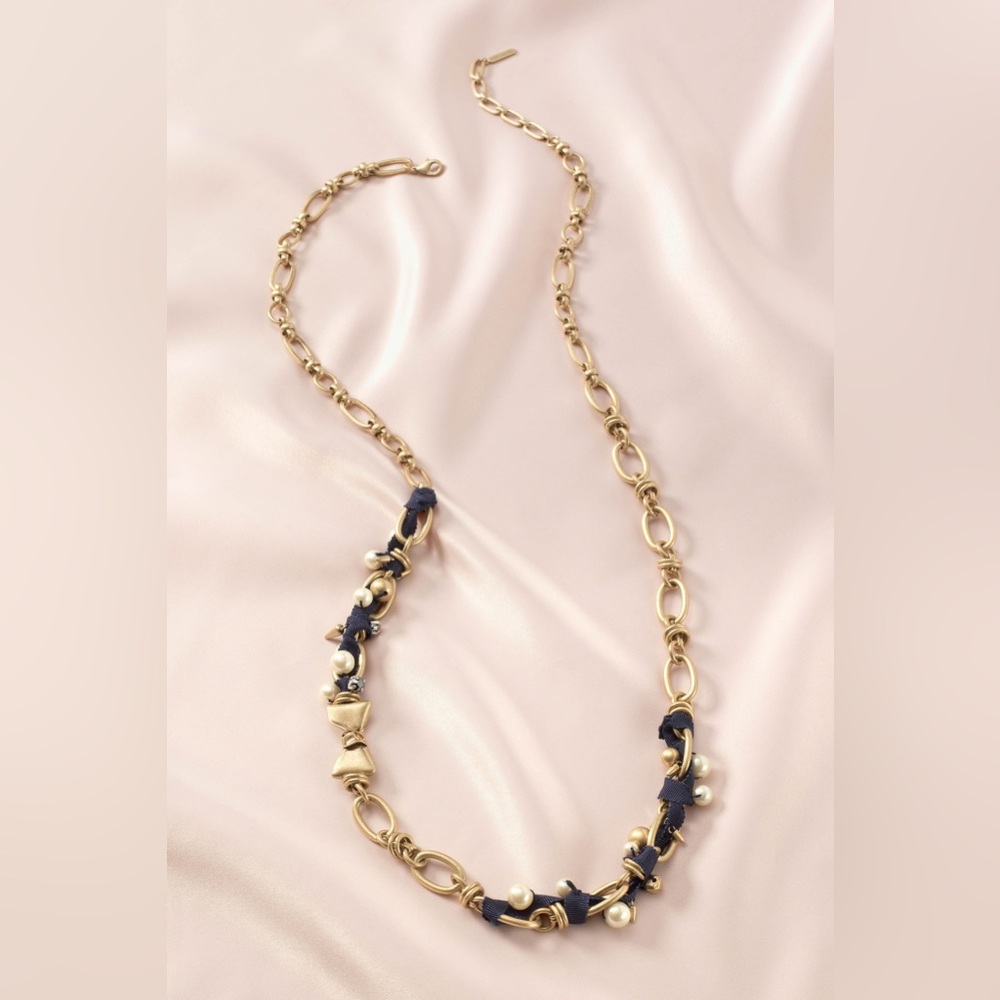 Stella & Dot French Twist Ribbon Necklace - Navy/Gold